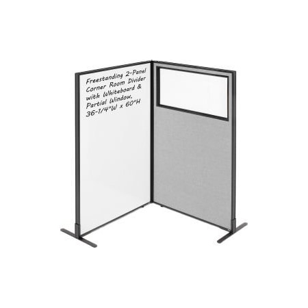 Global Equipment Interion 2-Panel Corner Room Divider with Whiteboard Partial Window, 36-1/4"W x 60"H, Gray 695175GY